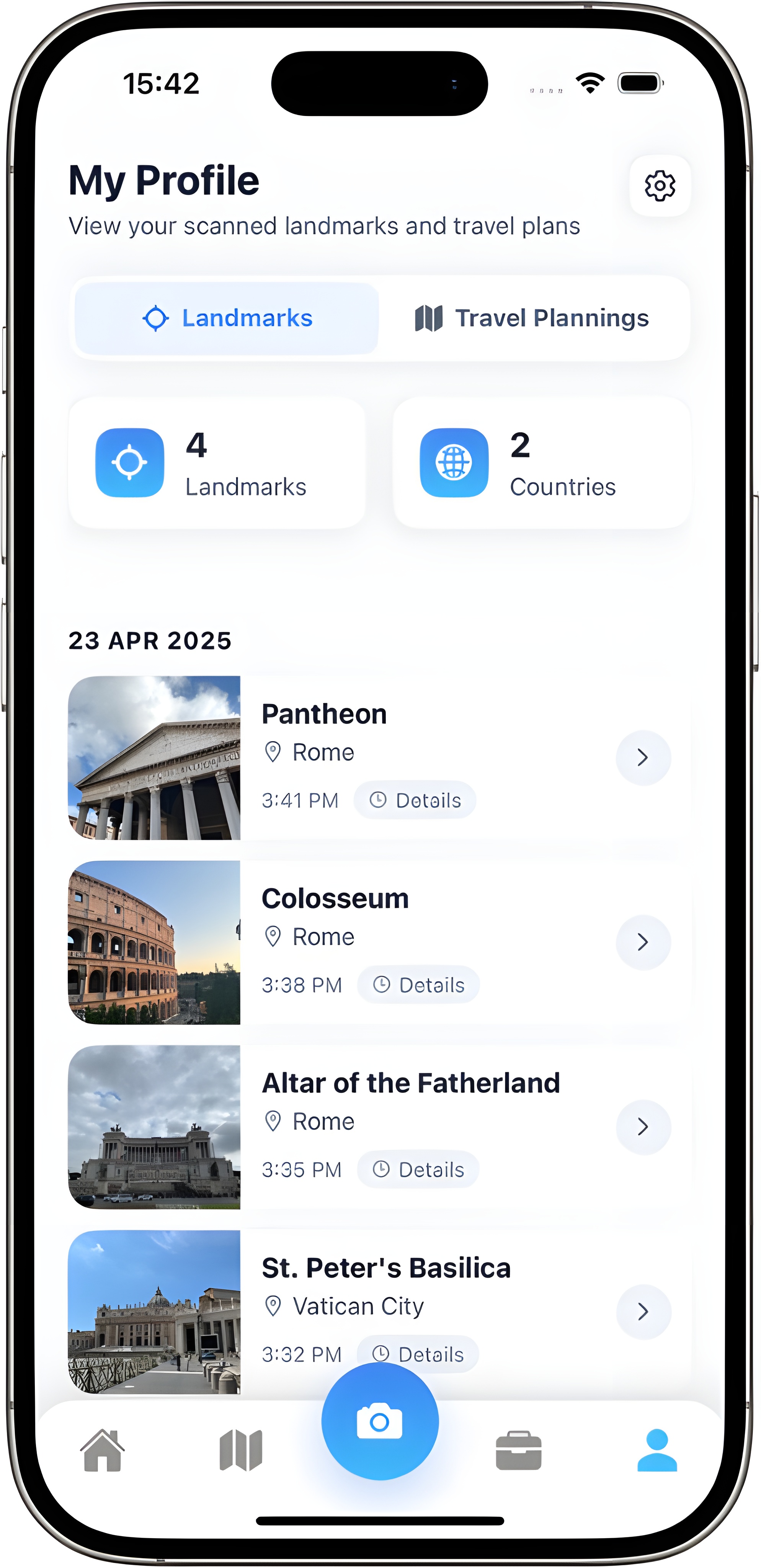 Build your personal collection of visited landmarks and track your travel memories all in one place.